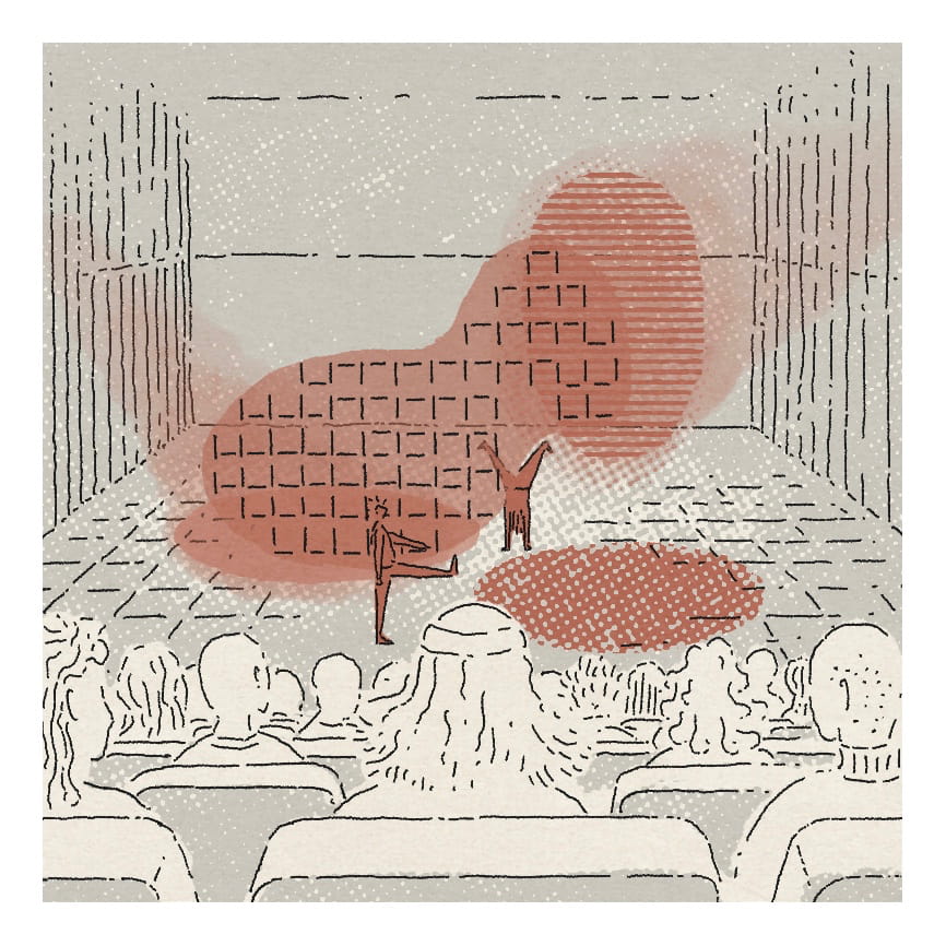 Abstract illustration featuring a large red shape on a textured background with subtle figures below.