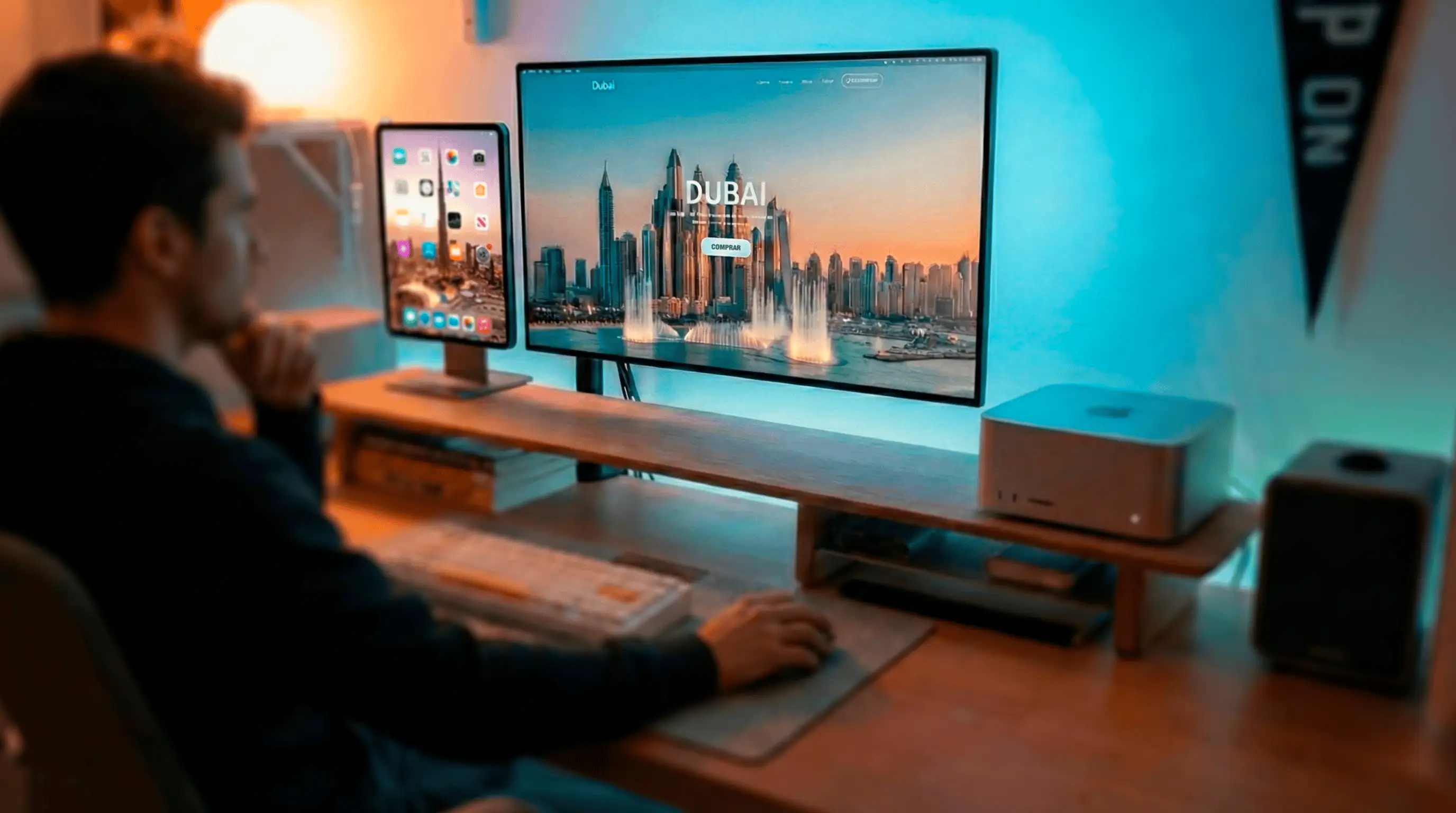 Persona analizando una web de inversión inmobiliaria en Dubái desde su escritorio.