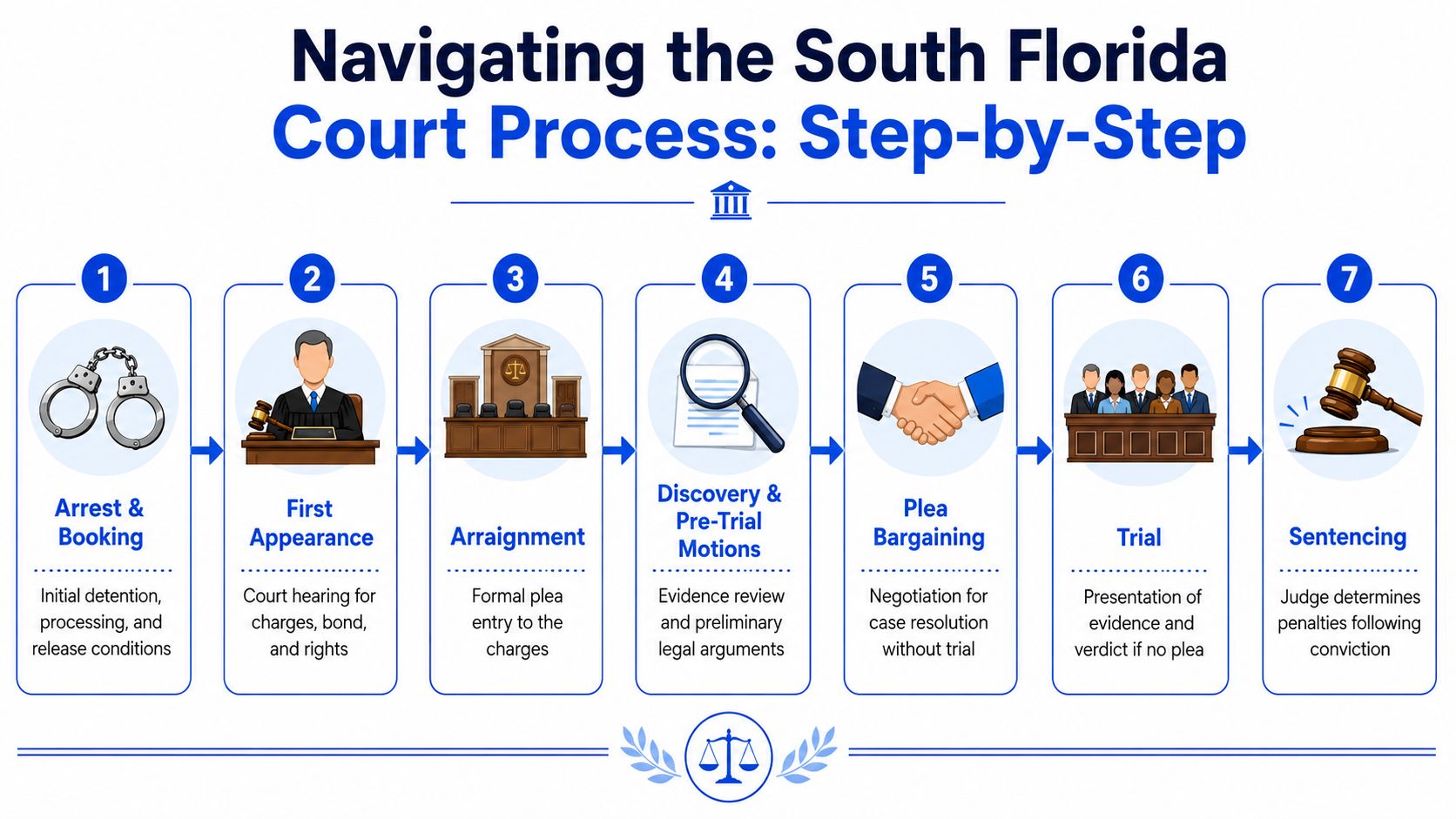 A step-by-step infographic detailing the South Florida legal court process from arrest to sentencing.