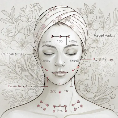 Schemat punktów i technik masażu Kobido wykorzystywany w autorskiej metodzie szkoleniowej