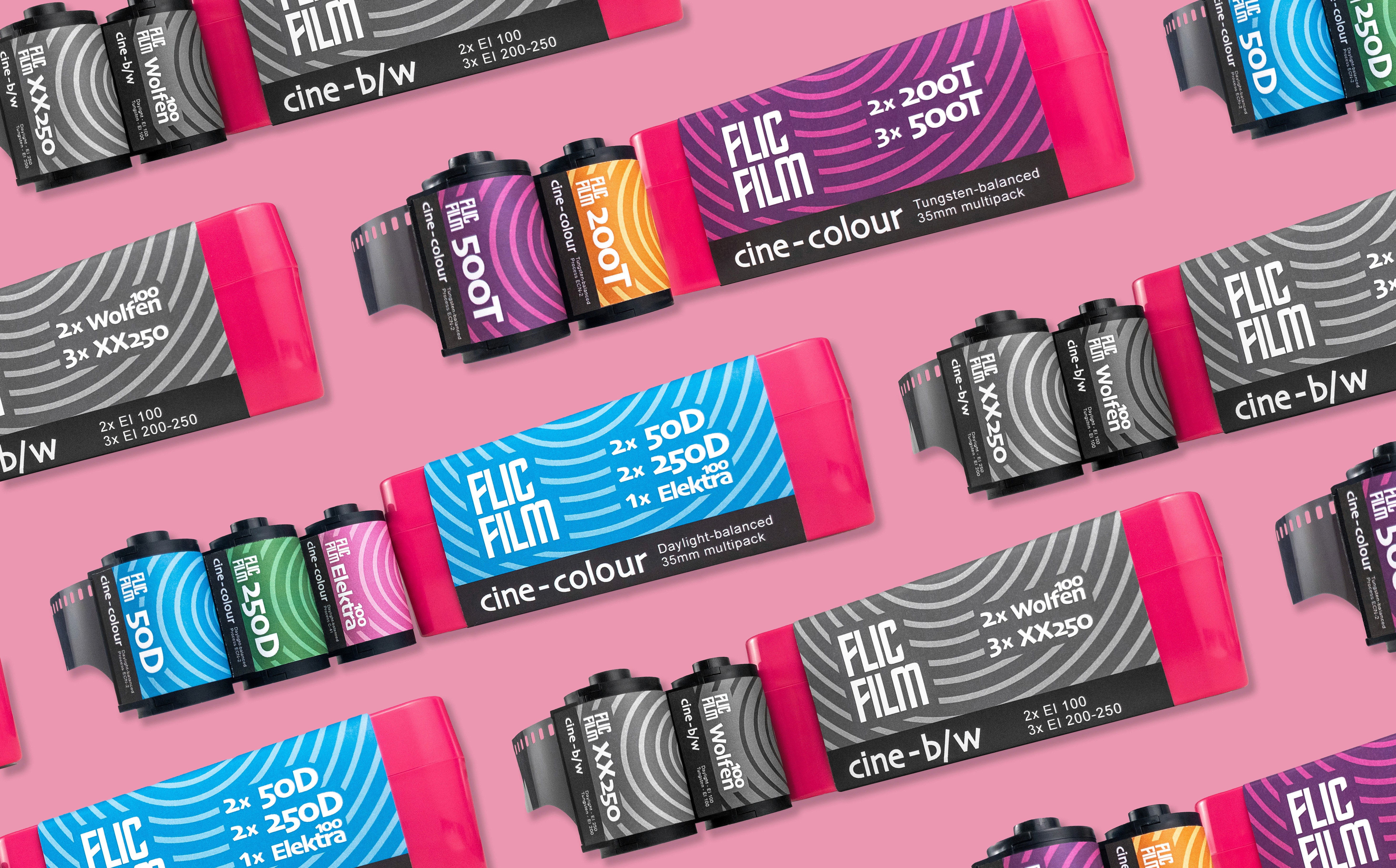 Film cannisters for Flic Film on a pink background