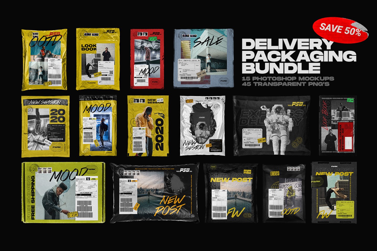 Delivery packaging bundle mockups showing mailing bags parcel packages and carton shipping boxes