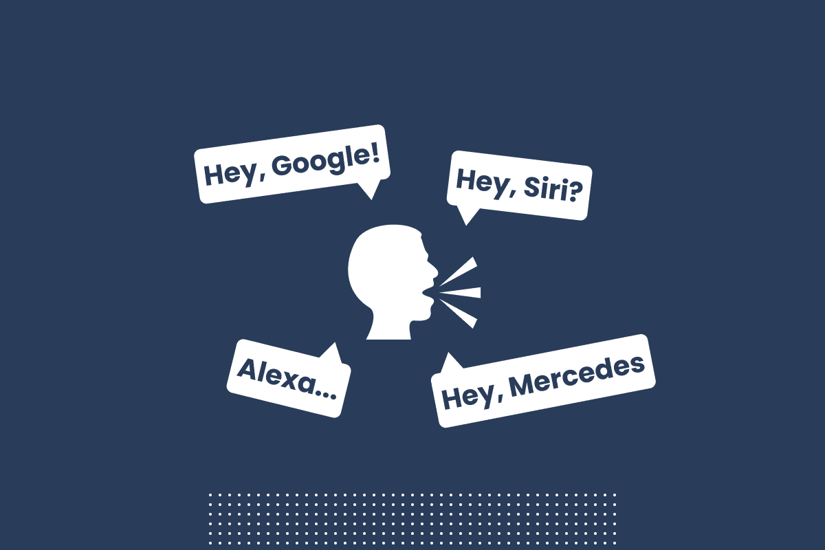 An illustration of a head, with four speech bubbles coming from them. These are representing the various voice assistants a user can talk to, such as Alexa, Siri, Google, and Mercedes. This illustration is on a darker navy blue background. 
