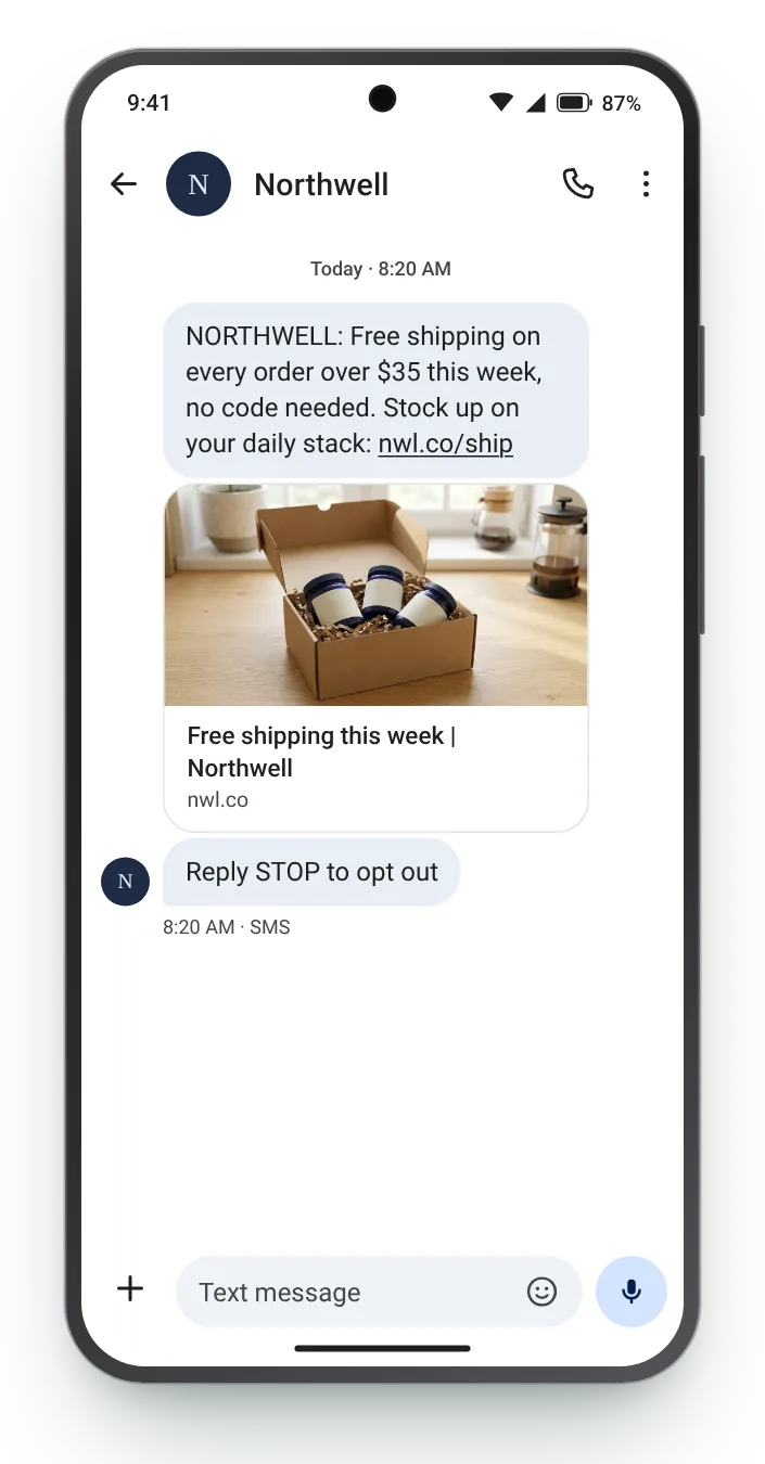 Free shipping over a threshold promotional SMS on an Android phone