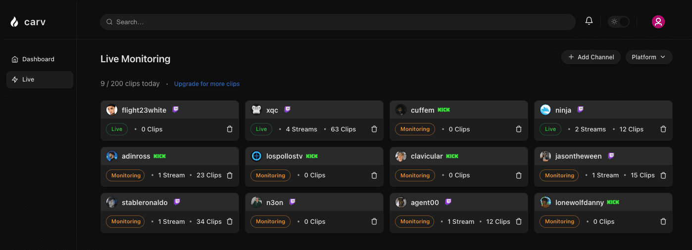 AI Twitch clipper dashboard showing auto-generated viral gaming clips from Twitch and Kick streams