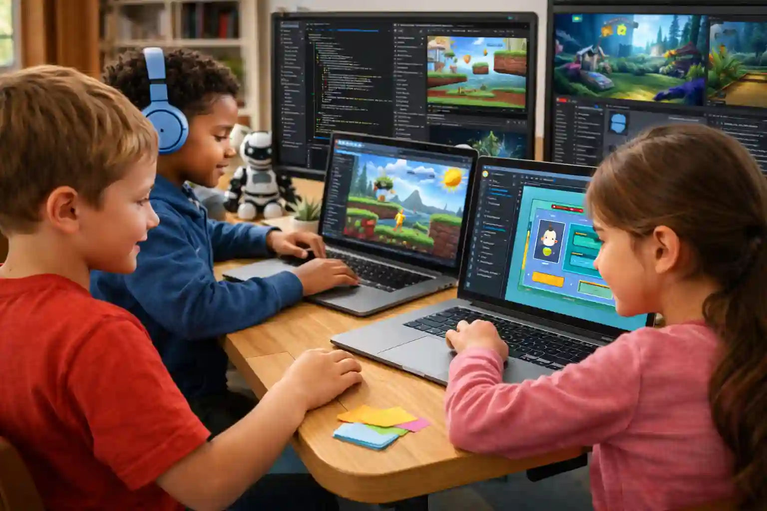 Students developing games and mobile apps using advanced programming skills