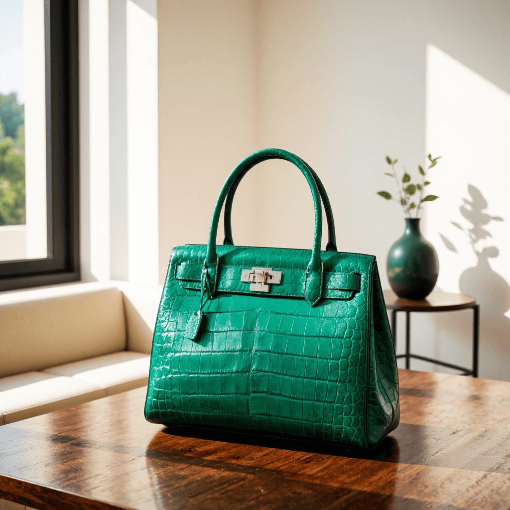 product photography of a green leather handbag with a crocodile texture, designed for carrying personal items