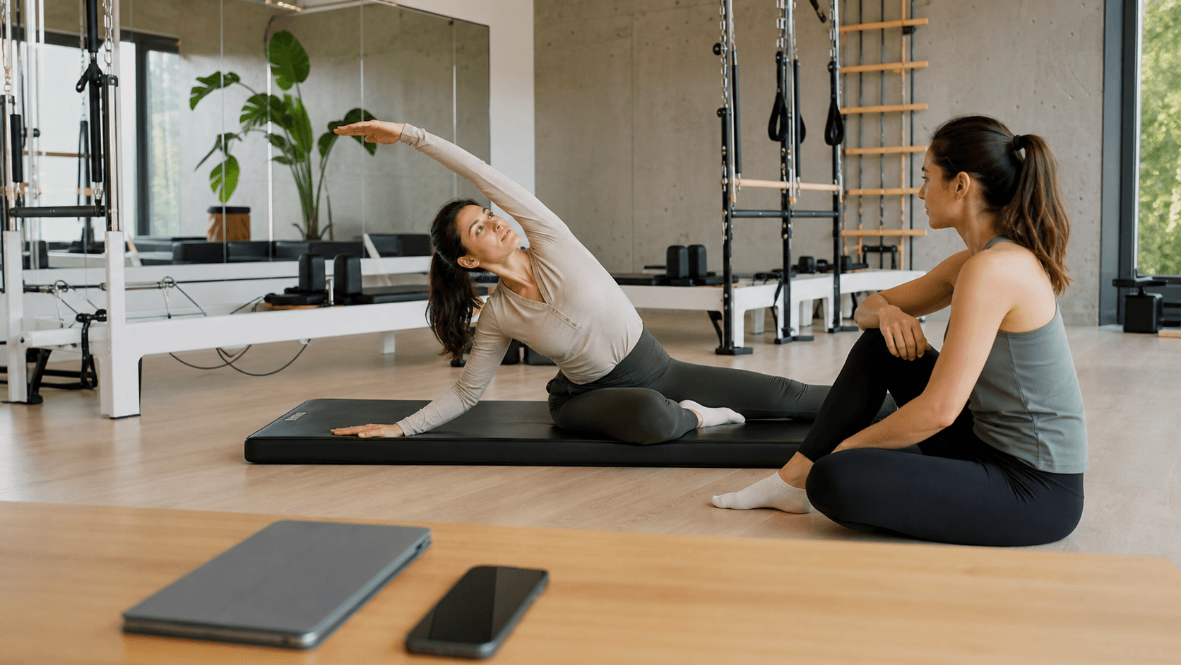 Instructrice de pilates en studio, tablette hors écran face contre table.