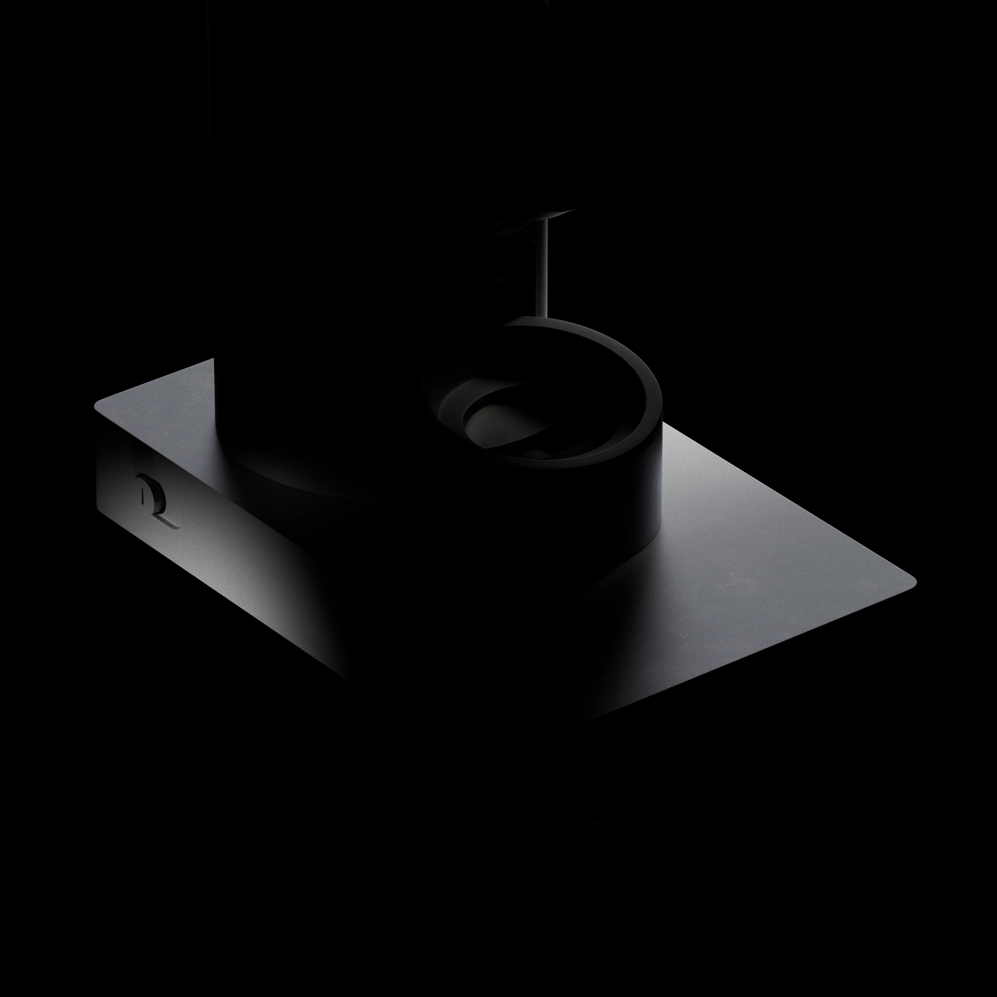 Abstract geometric shapes, mostly shaded, appear on a dark background. A sleek, modern aesthetic is conveyed with subtle light and shadow.
