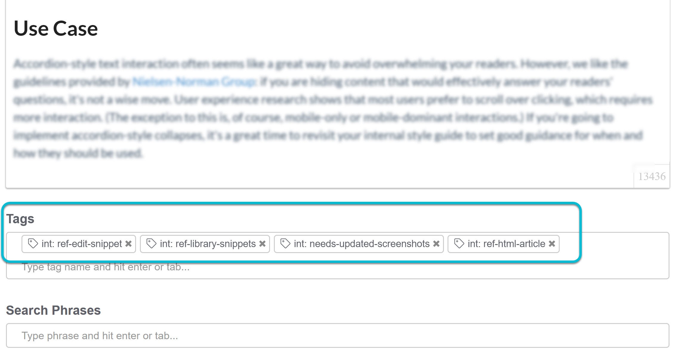 Screenshot showing the article editor, circling four content tags in the Tags section