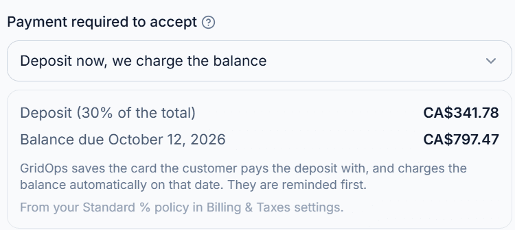 Payment required to accept: a 30% deposit now and the balance charged automatically on its due date
