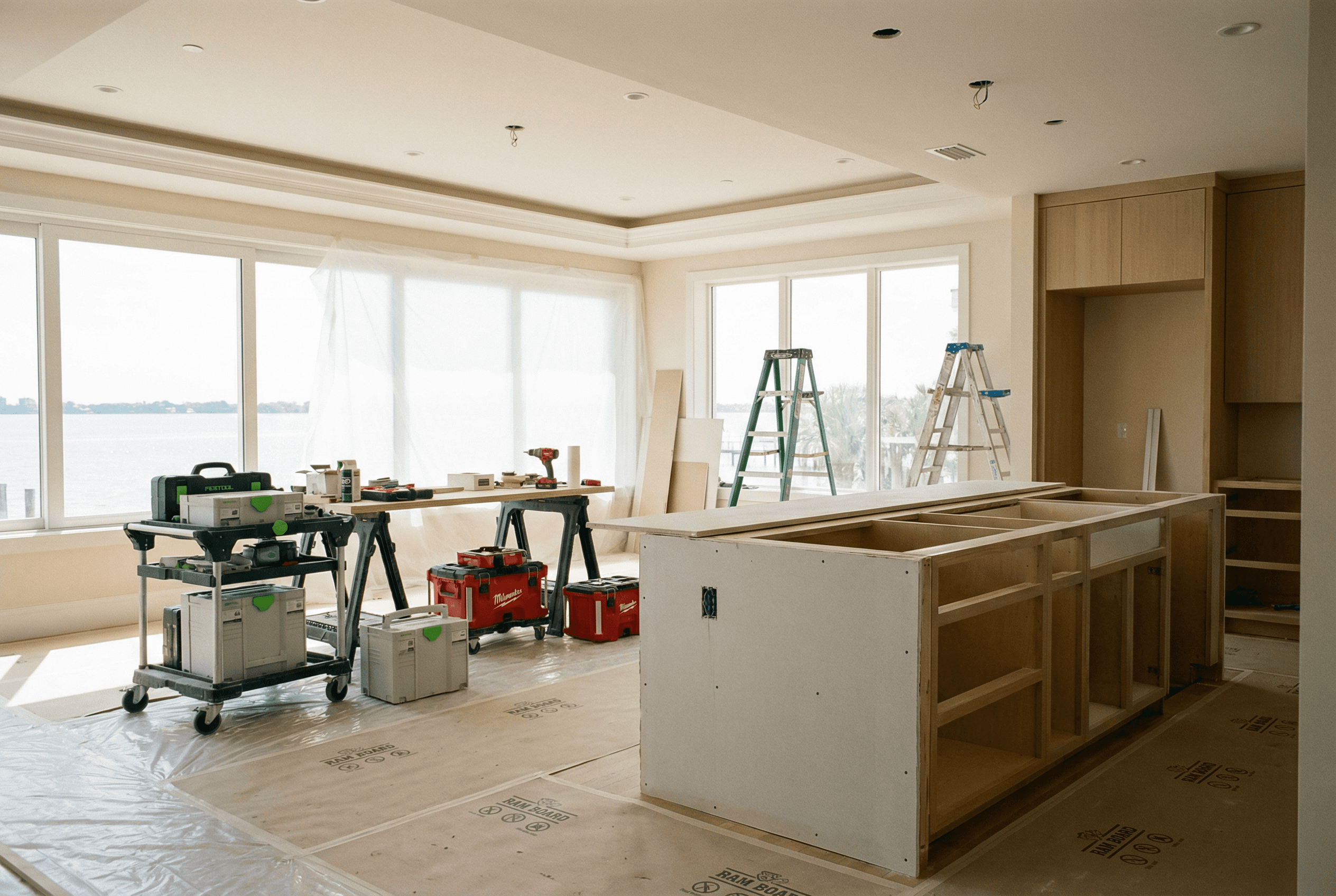 Clean organized premium construction job site with floor protection in Tampa Bay home