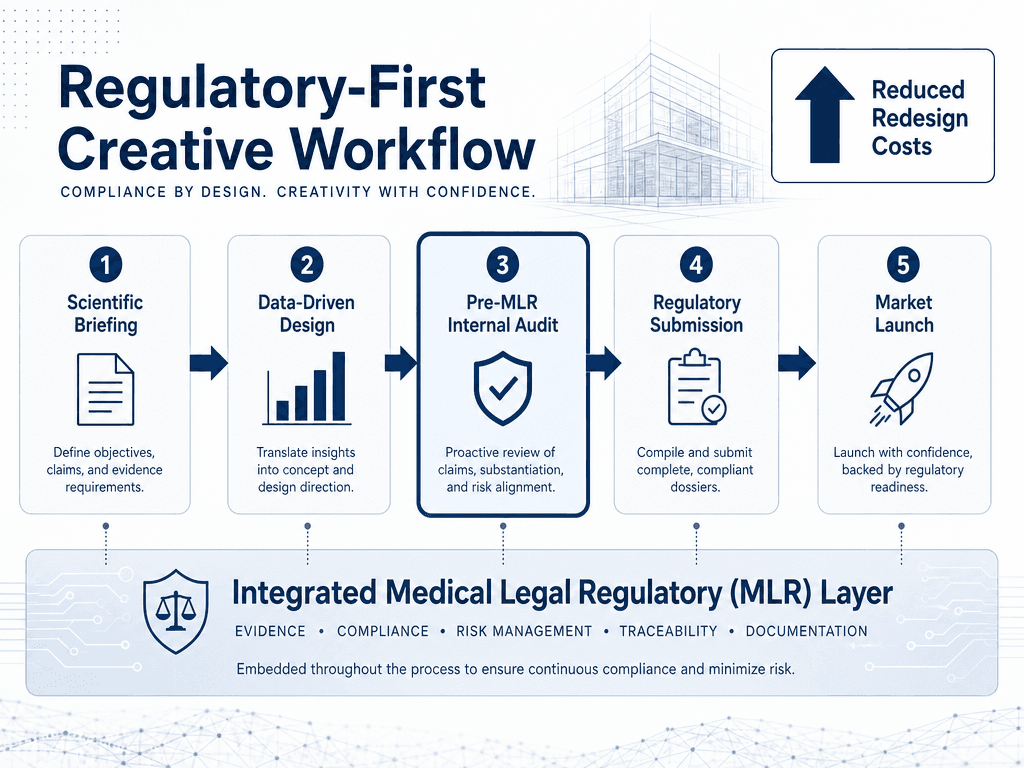 A linear workflow diagram demonstrating a regulatory-first creative process for medical device marketing and product launches.