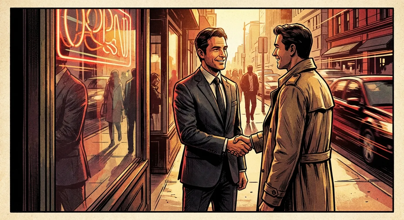 Handshake between two men on a city street, promoting RockN' Socials Digital Marketing Agency.