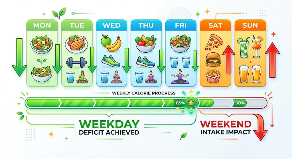 A modern infographic showing a healthy weekly routine from Monday to Friday (salads, exercise, yoga) leading to an 85% progress bar, contrasted with weekend indulgences (pizza, cocktails) resulting in a 30% weekly goal deficit.