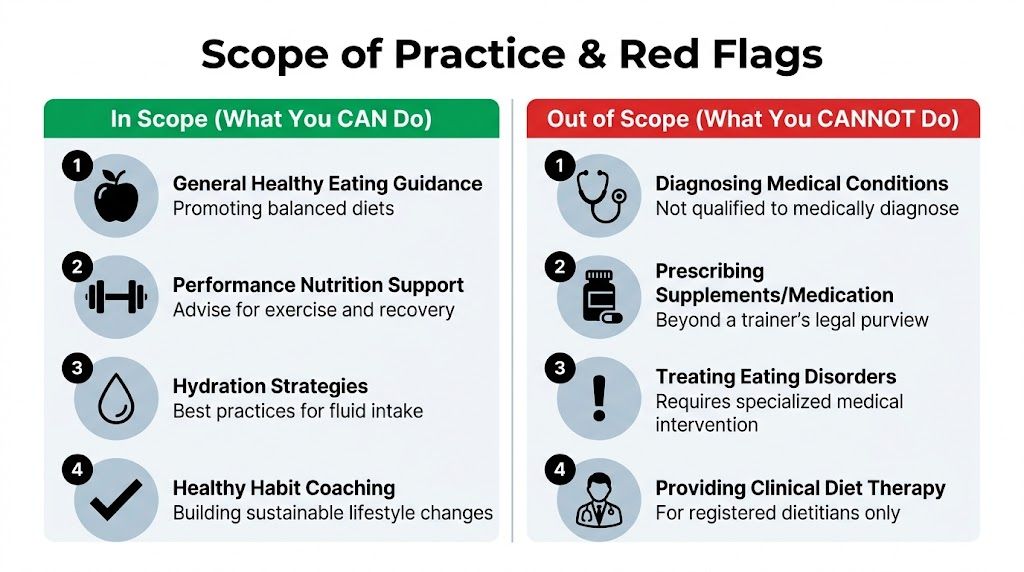 A chart detailing the scope of practice and red flags for fitness and nutrition professionals.