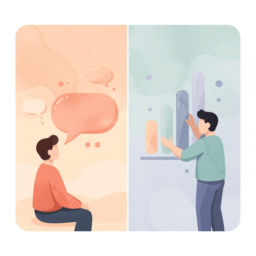 Split scene showing students' misconception of AI as infinite versus reality of constrained systems