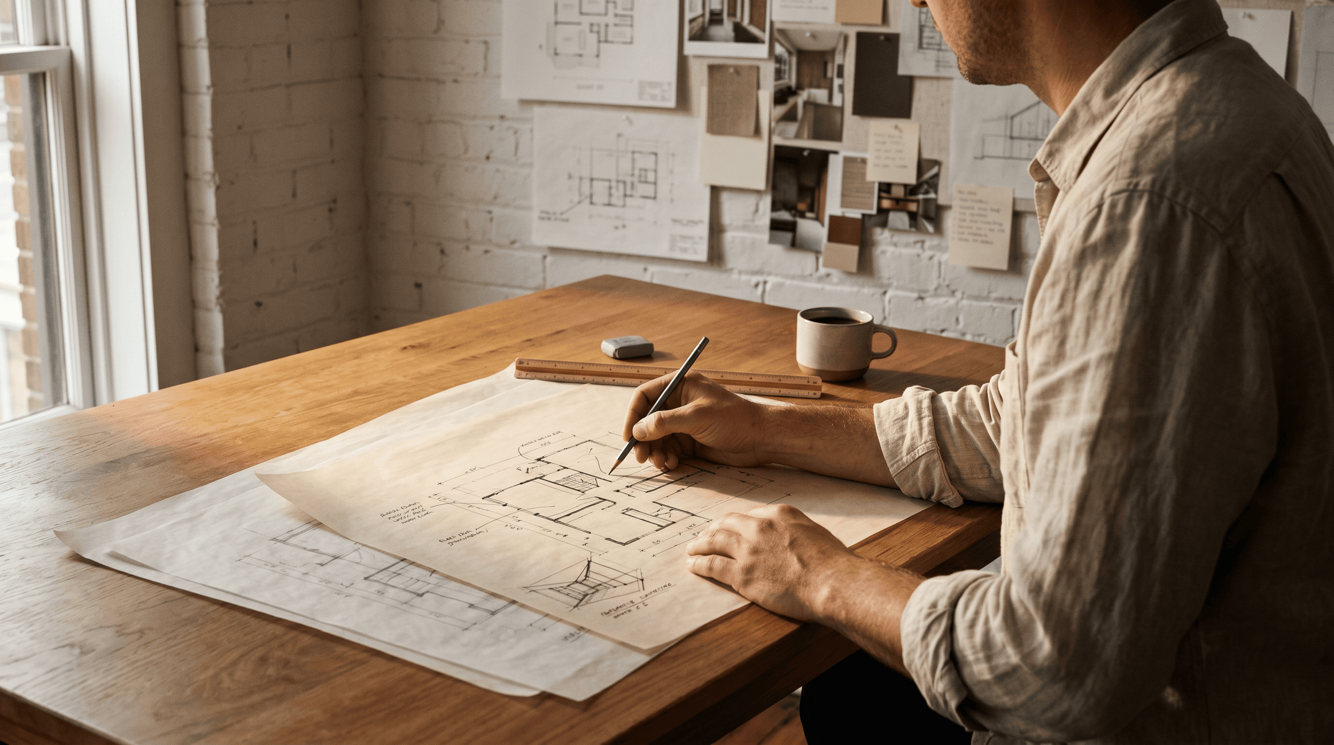 An architect mid-sketch on tracing paper at their desk, soft afternoon daylight raking across.