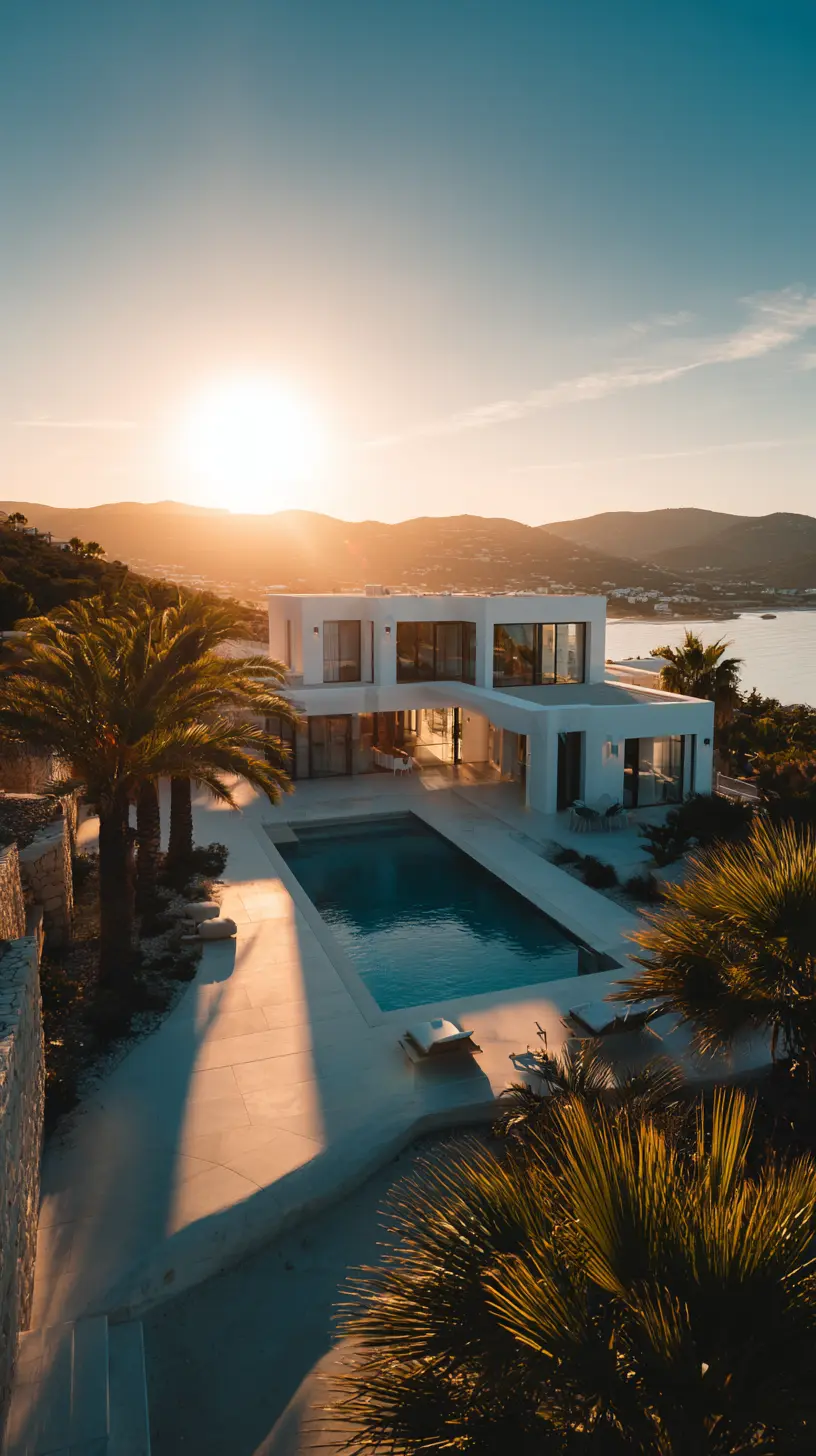 Modern hillside property with pool at sunset, displayed as a high-end real estate mobile visual.