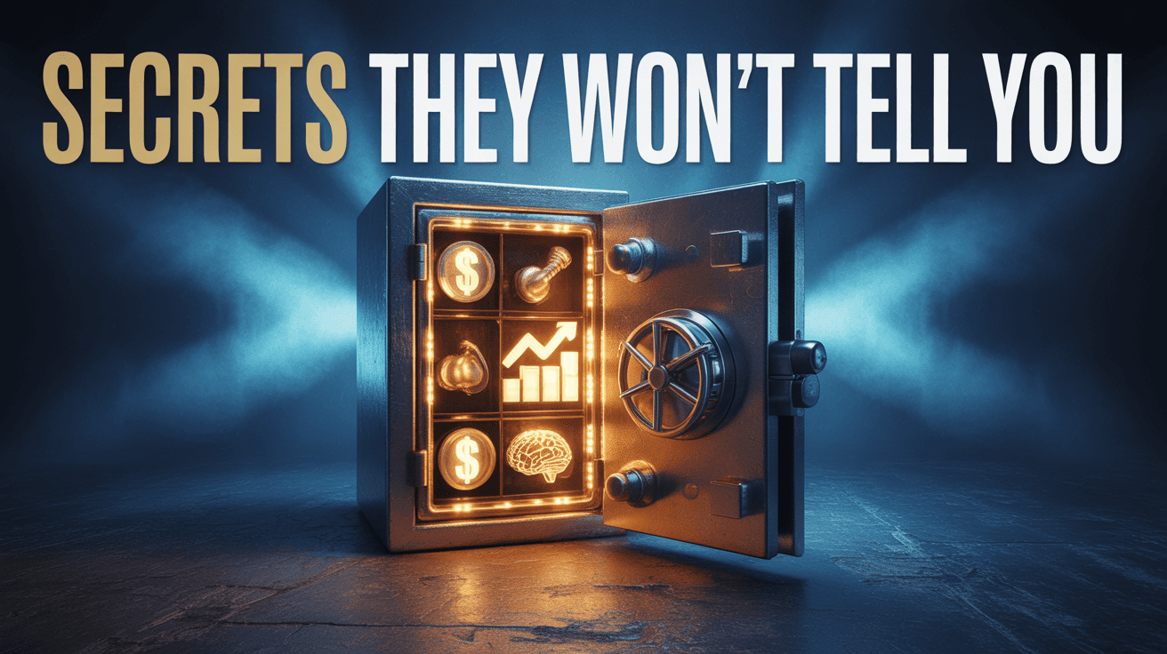 Opening glowing safe with money chart and brain icons plus Secrets They Won't Tell You text