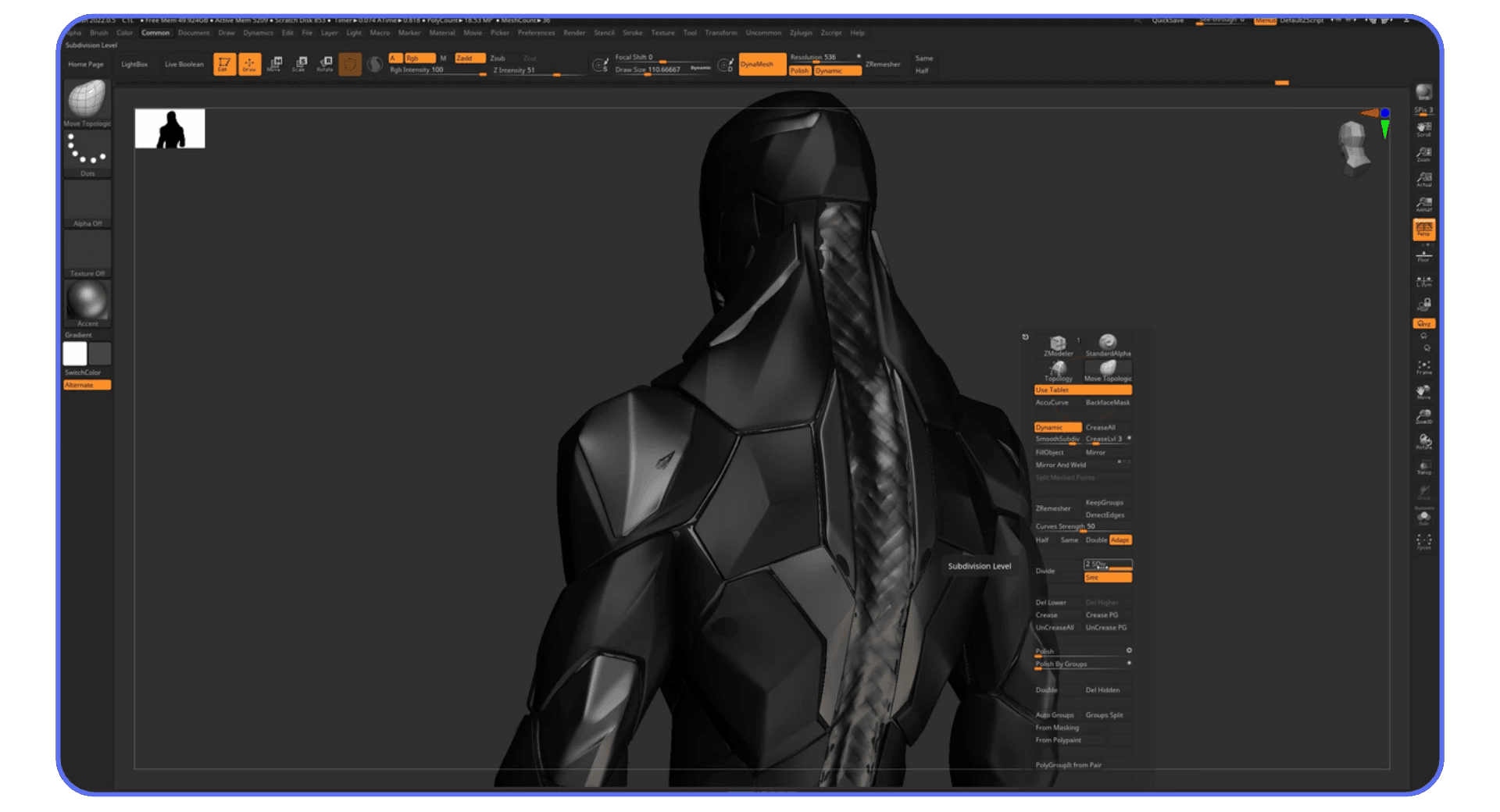 ZBrush workspace displaying a futuristic humanoid model with hard-surface armor and braided hair sculpt.