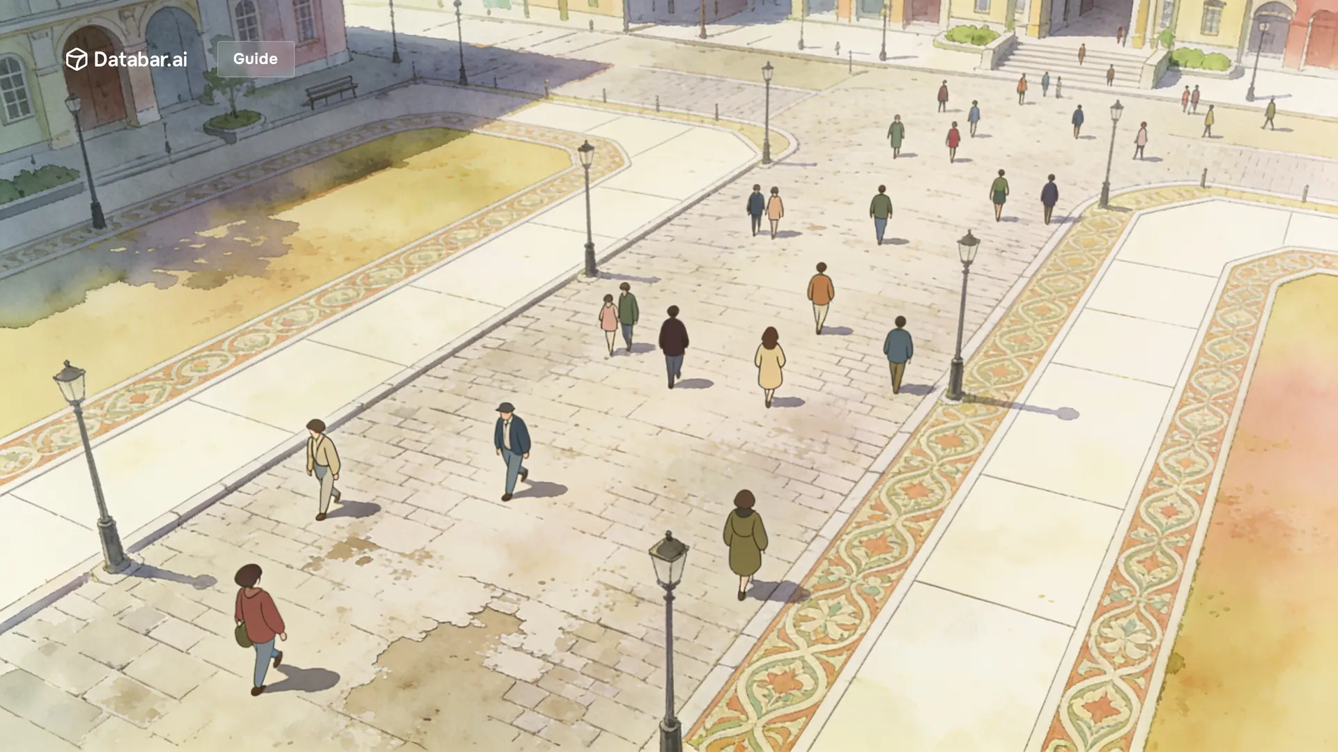 CRM user adoption, illustrated as a public square where one paved path is worn pale and busy while ornamental paths stay unused