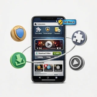 Browser with extension, video downloader, and adblock