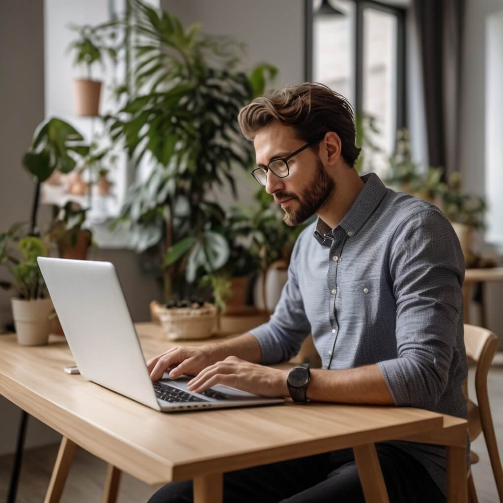 Profesional trabajando en laptop en un entorno acogedor, representando el proceso de análisis, implementación y monitoreo para un posicionamiento SEO eficaz.