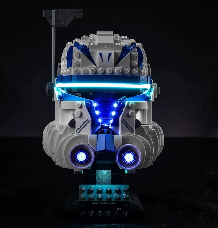 The Captain Rex LEGO helmet with BrickBling LED lighting isntalled.