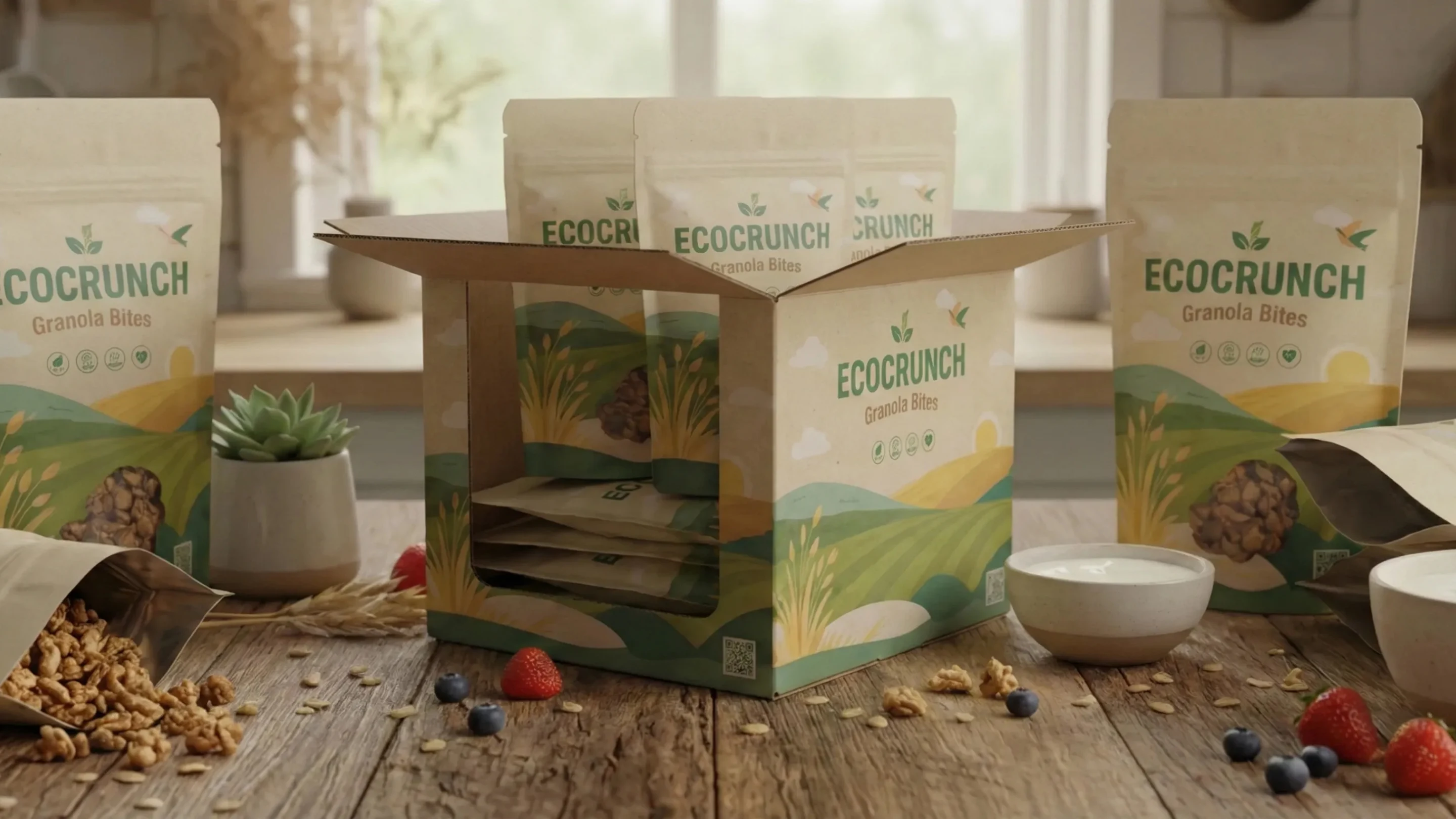 A branded cardboard shipping box containing several EcoCrunch Granola Bites bags, displayed on a wooden surface in a bright room.
