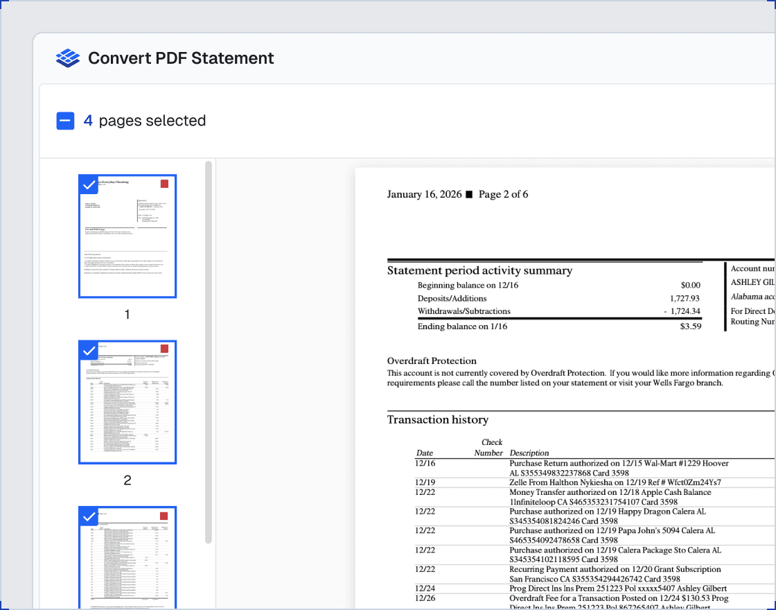 Convert PDF Statement page selection screen previewing individual statement pages, with cover and disclosure pages deselected before CSV export
