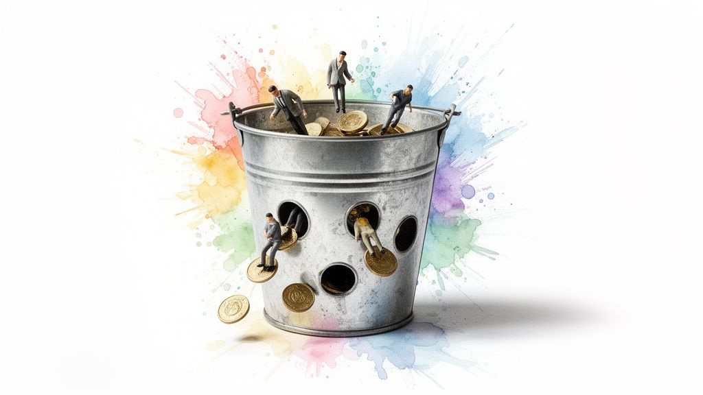 Miniature business people in and around a leaky bucket full of coins, illustrating financial loss.
