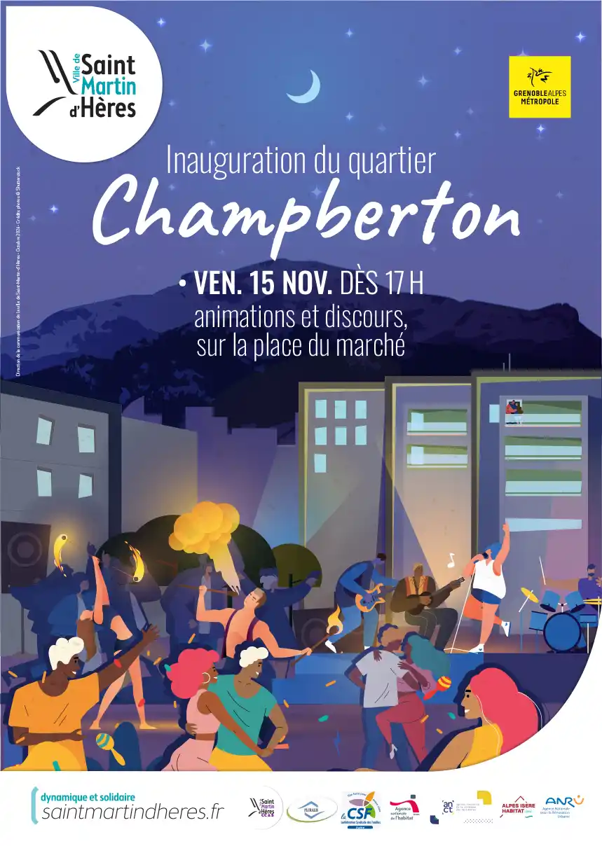 Affiche inauguration quartier Champberton, Ville de Saint-Martin-d'Hères, vendredi 15 novembre, place du marché — illustration nocturne animée