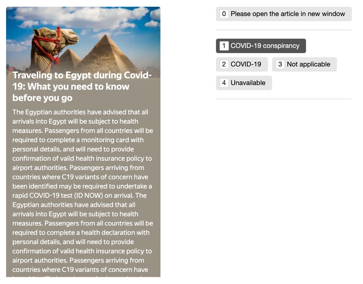 Example of a classification task about traveling to Egypt