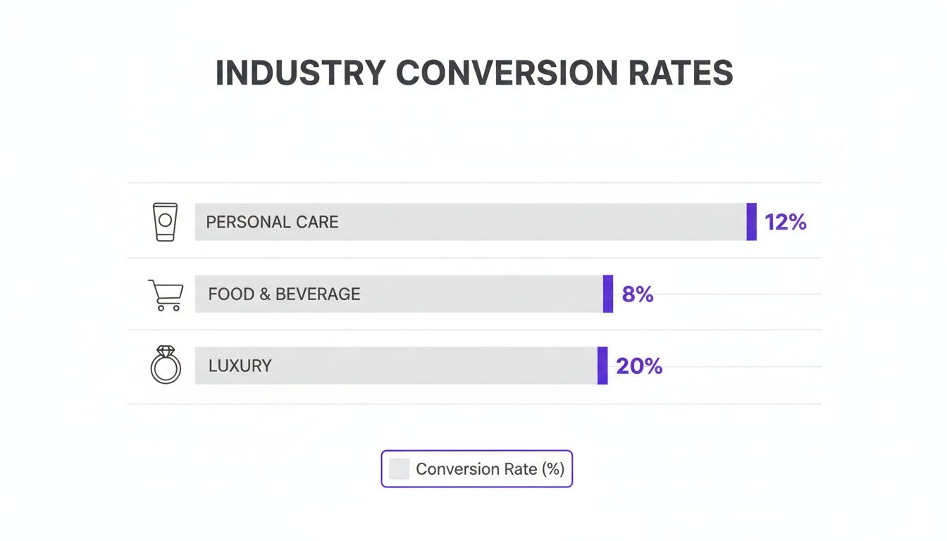 Comparison of e-commerce conversion rates across personal care, food & beverage, and luxury industries.