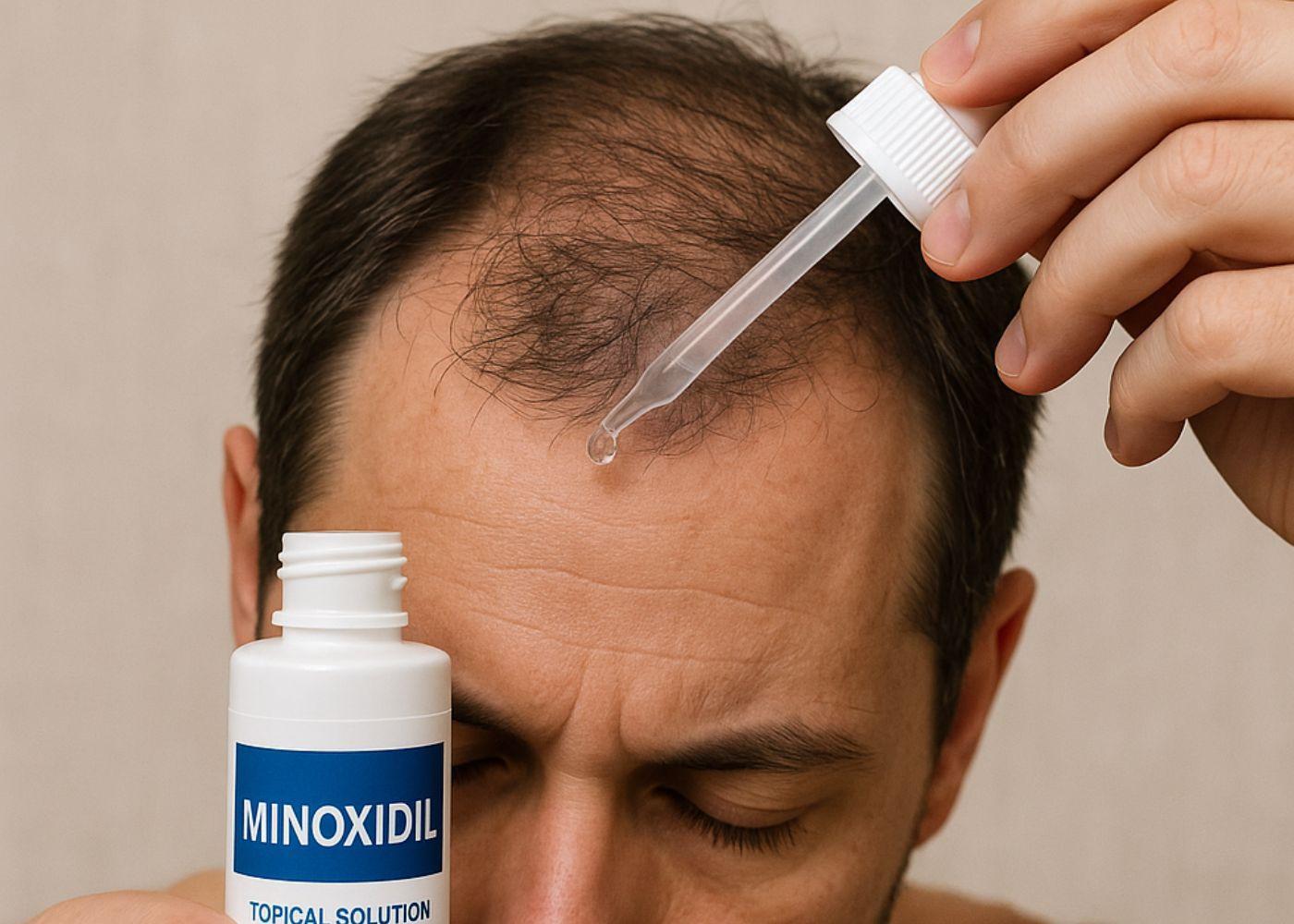 Man applying minoxidil drops to thinning hairline