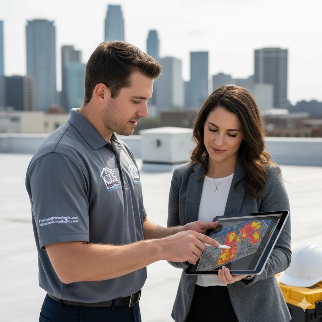 A professional project manager reviewing digital roof scans on a tablet with a property manager.