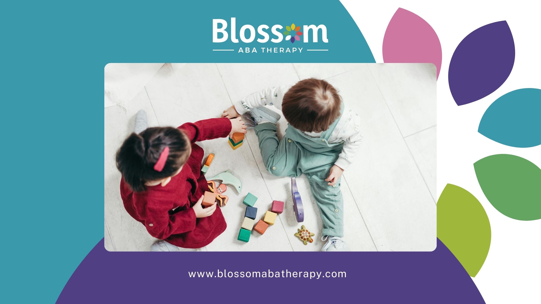 Two autistic toddlers playing with colorful wooden blocks during ABA therapy in Virginia.