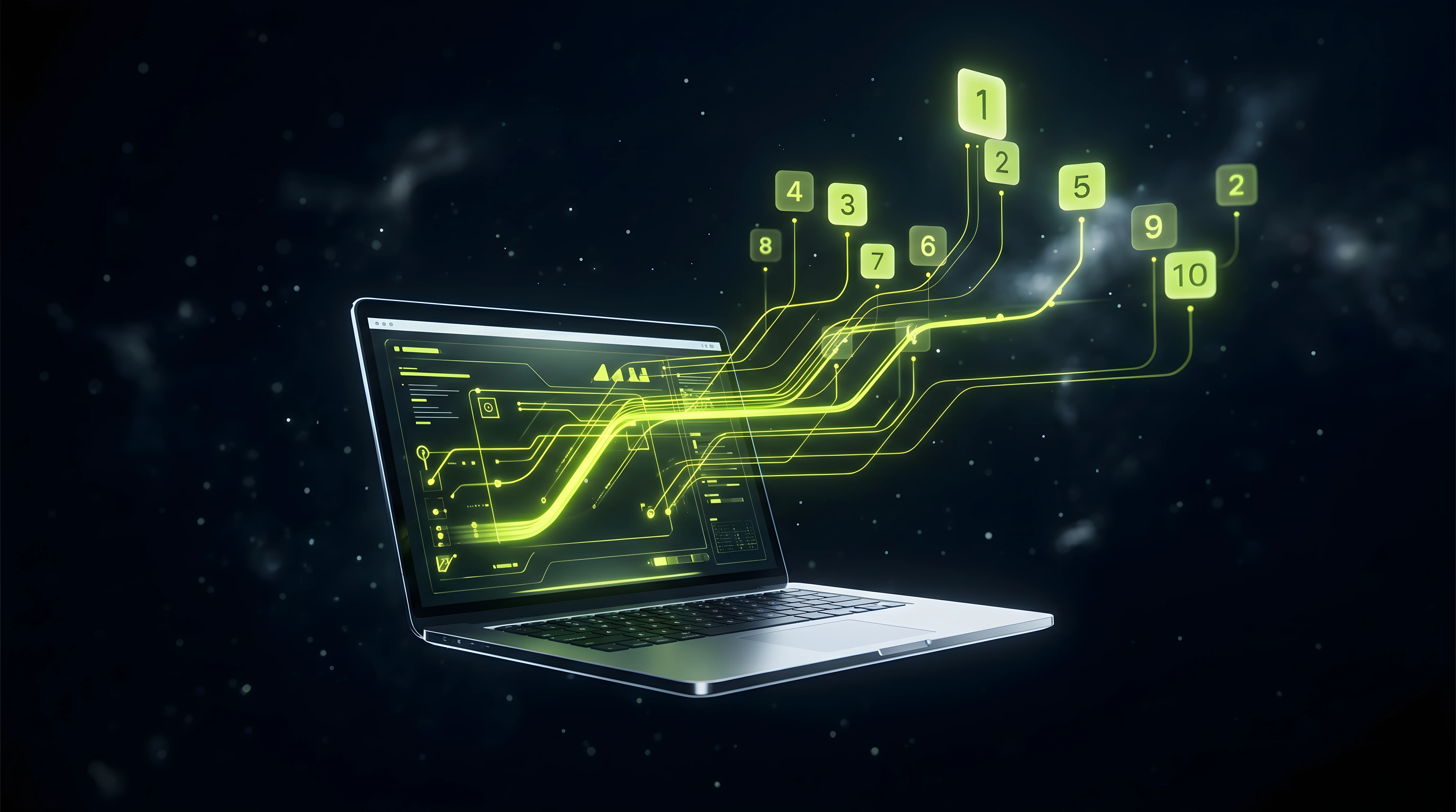 A dark Bioluminescent Noir scene of a music producer's portfolio site rendered on a laptop screen, with toxic lime SEO indicator lines tracing into search engine ranking positions, deep void background, liquid chrome highlights on the laptop bezel.