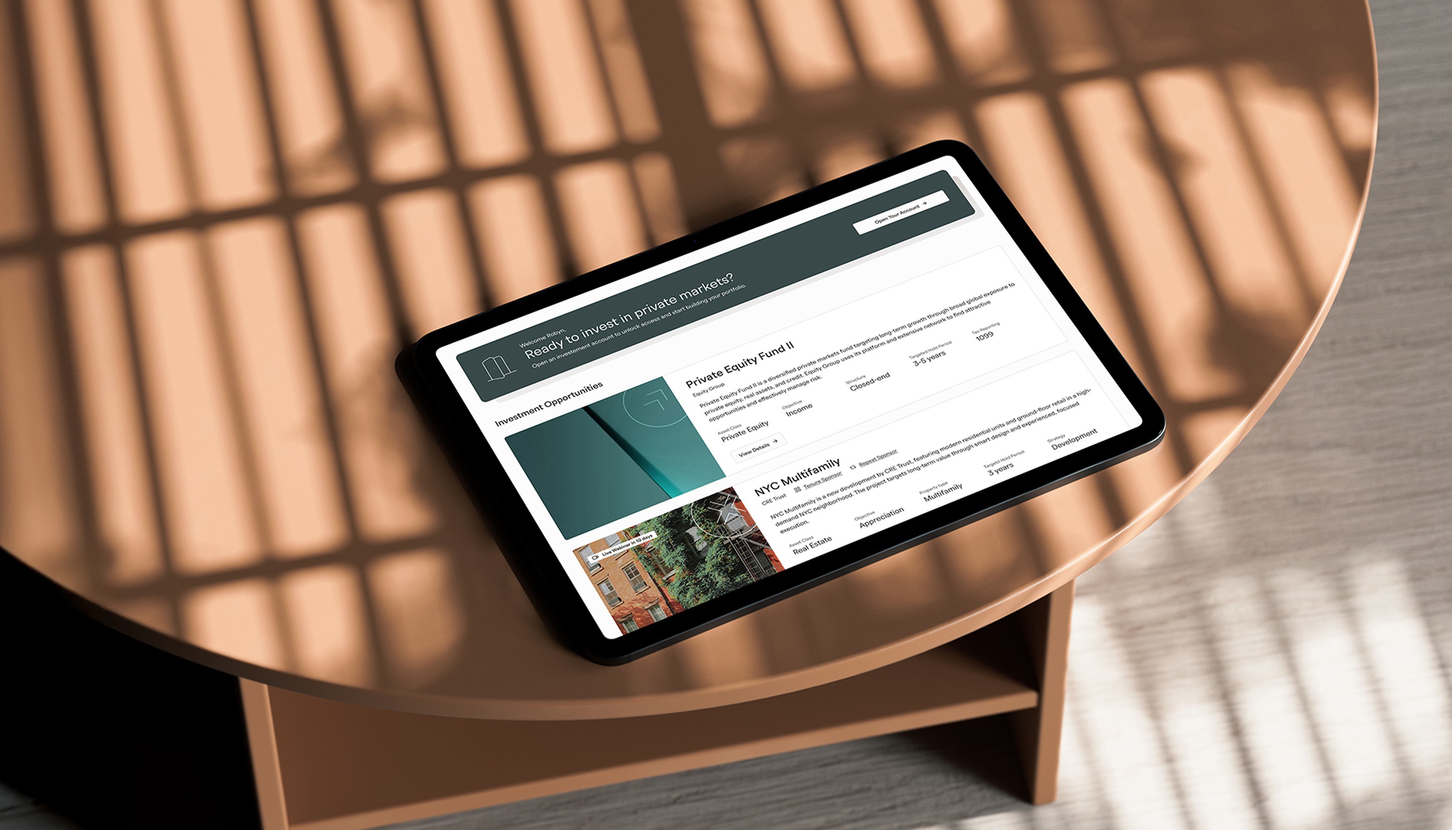 A tablet on a table that shows the Crowd Street platform