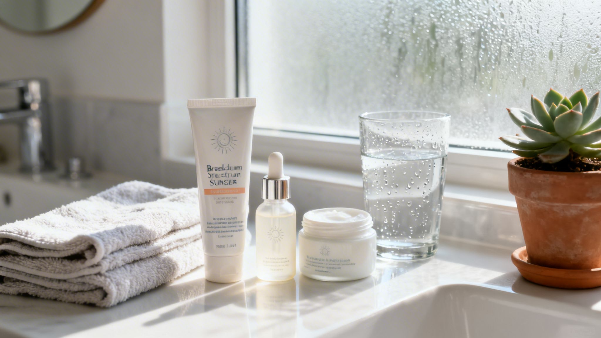 Skincare products, water glass, and a succulent plant on a sunlit bathroom counter.