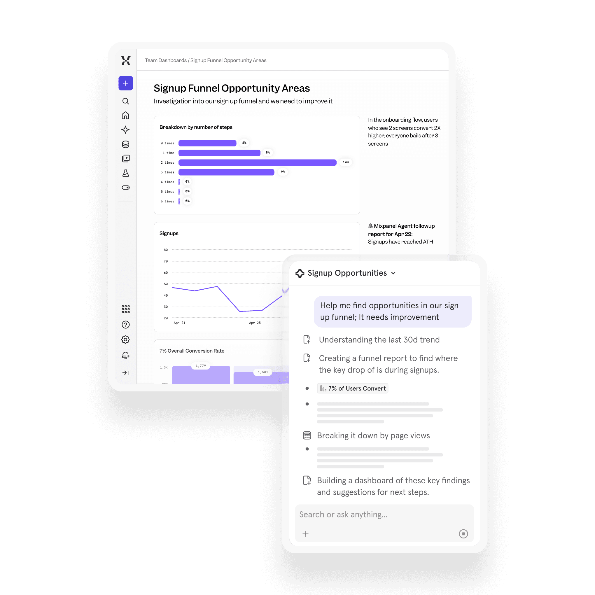 Mixpanel Dashboard Agent generating exec-ready product analytics charts from a natural language prompt, with multi-chart boards built from verified event tracking data and an assessment of opportunity areas.