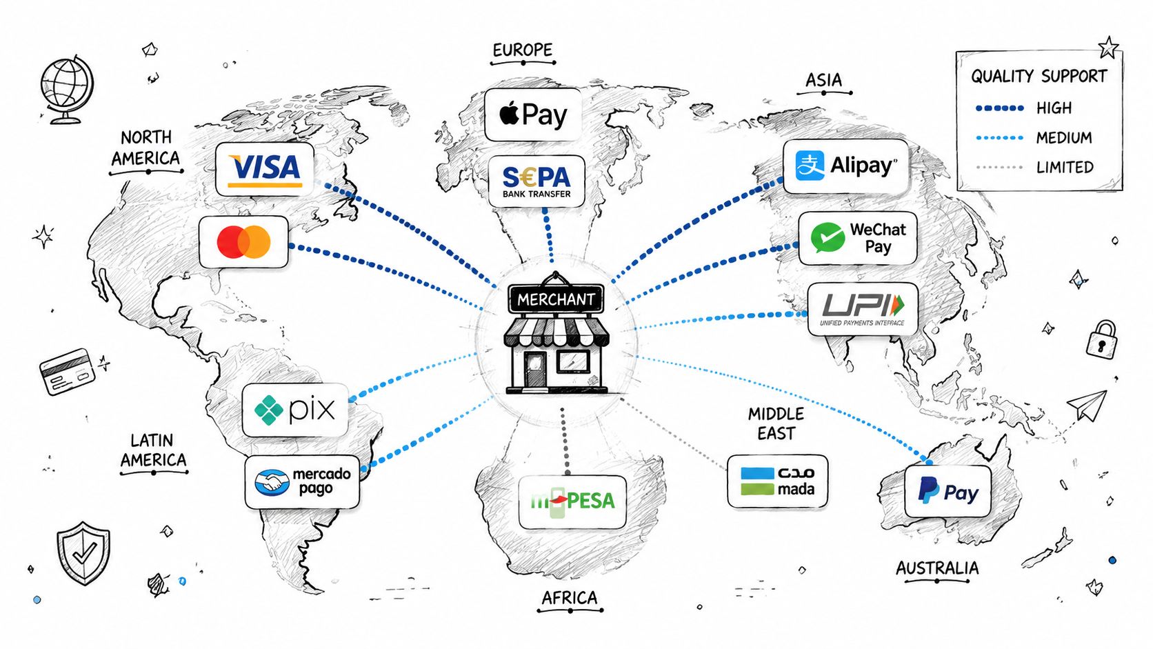 A global map illustration showing various international payment methods connected to a central merchant store icon.