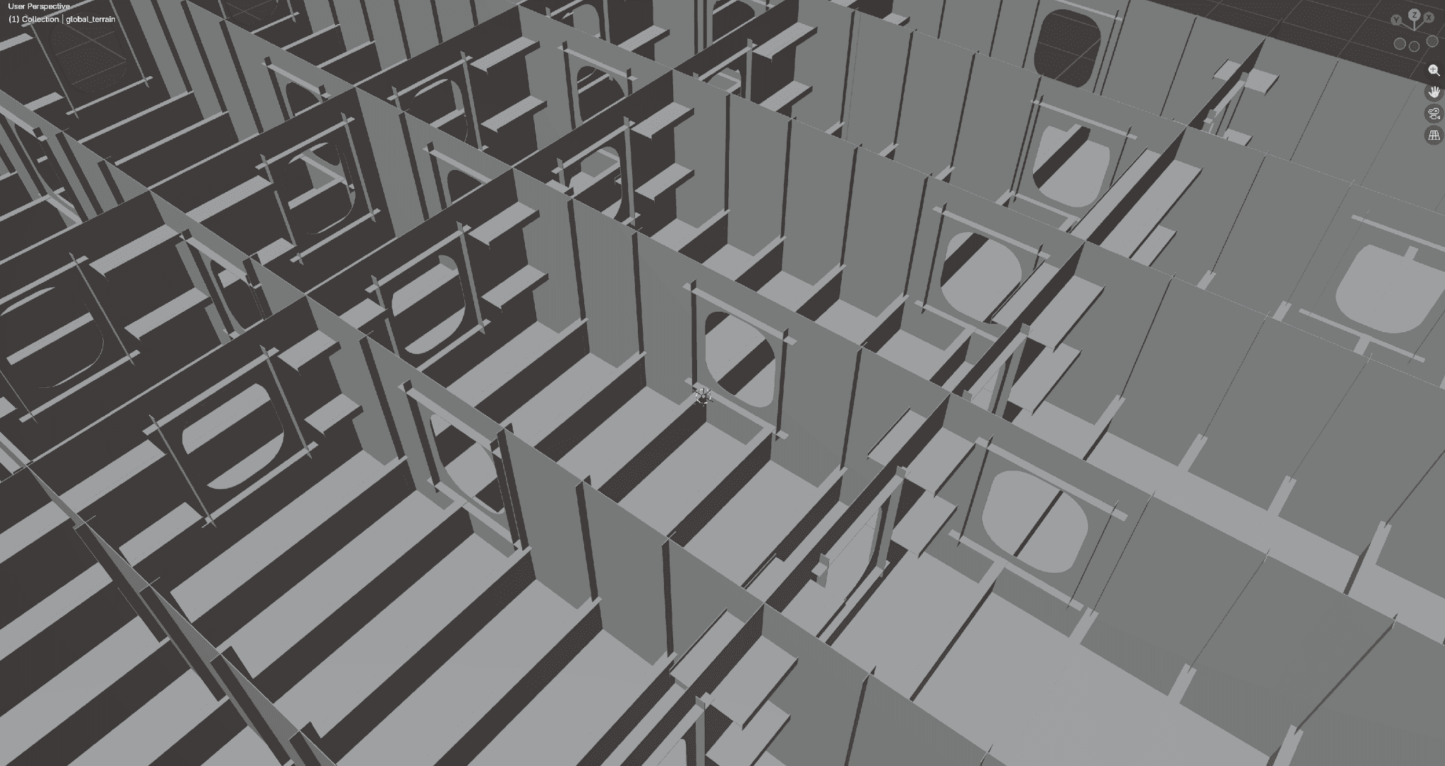 같은 환경의 클로즈업. 높이와 간격이 다른 구조물들이 파라미터에 따라 자동으로 배치된다