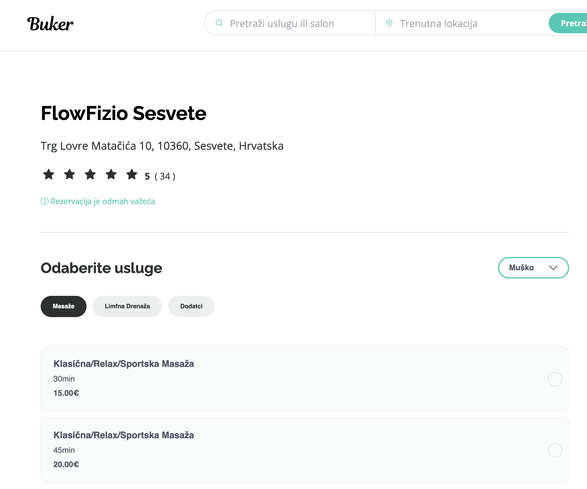 Rezerviraj termin u FlowFizio u Buker aplikaciji