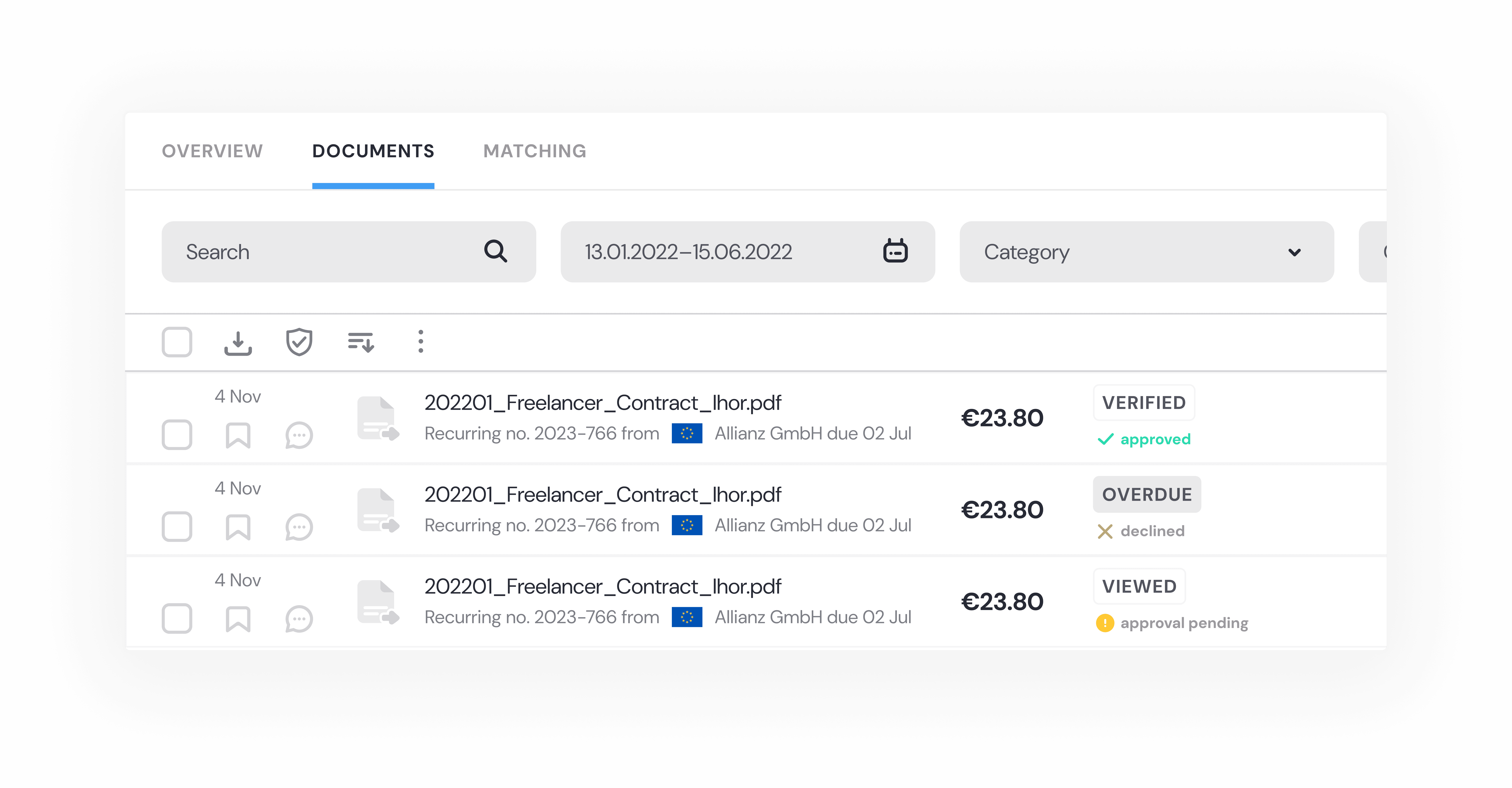 Before and after: separate Approvals tab with 4 status types consolidated into Documents tab with approval status as filter - Verified/approved, Overdue/declined, Viewed/approval pending