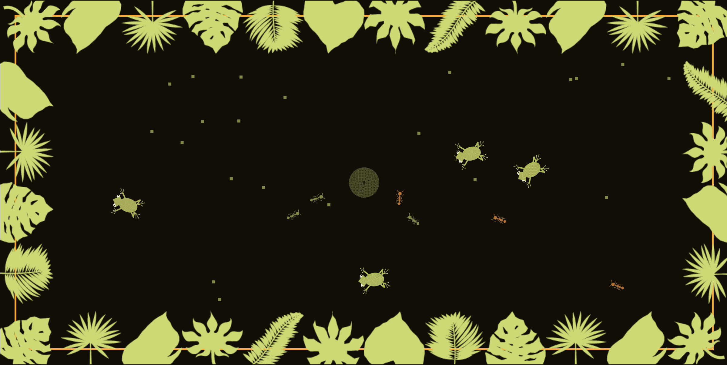 visual of the tropical ecosystem with food, ants and frogs