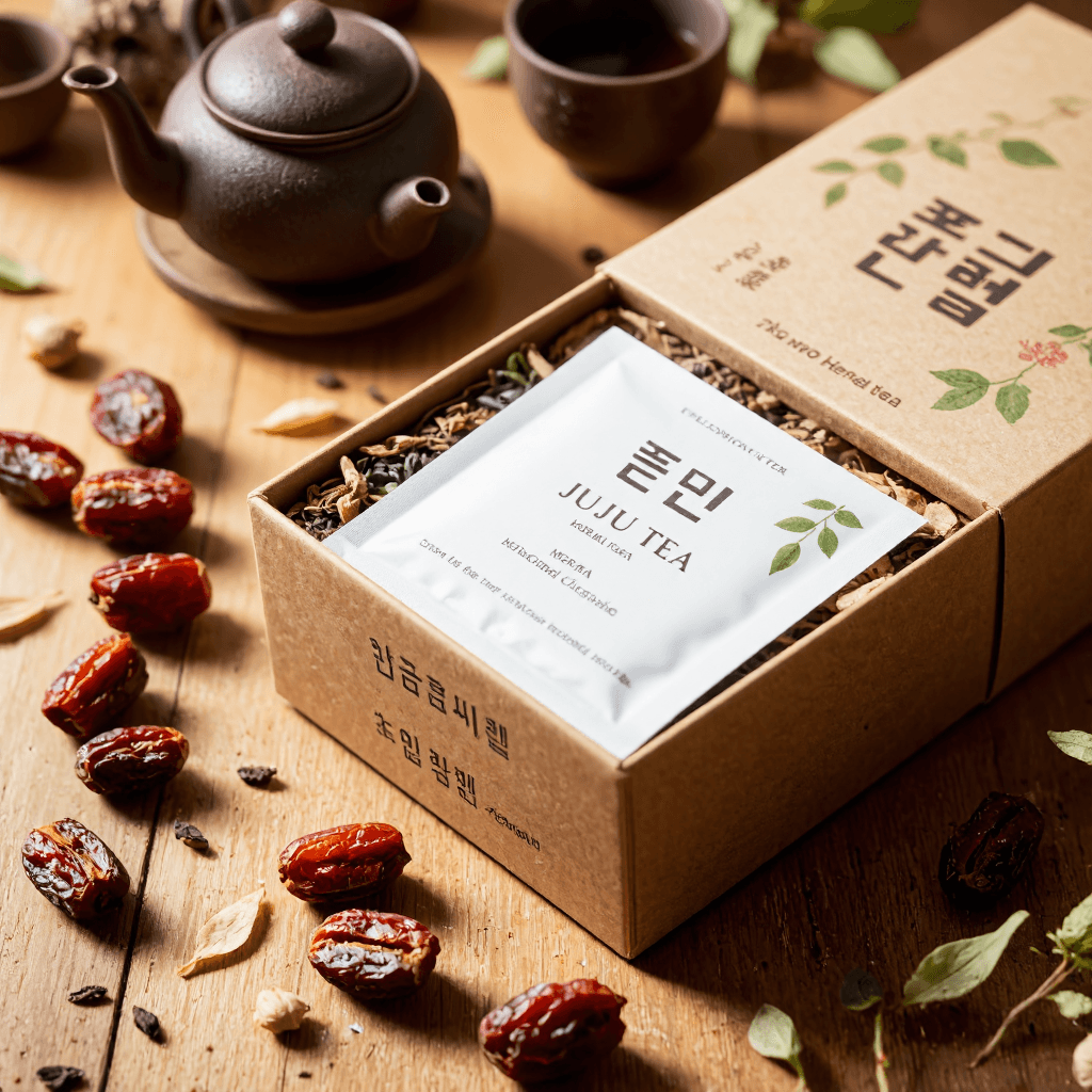 product photography of a box of herbal tea with a packet of juju tea inside