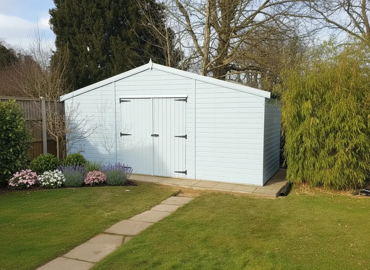 Large pale blue painted apex shed with double doors