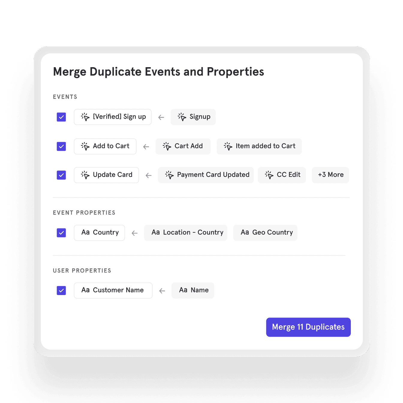 Mixpanel product screen showing AI-powered data governance, with the ability to merge duplicate events and properties in Lexicon, and a one-click consolidation workflow for clean product analytics data.